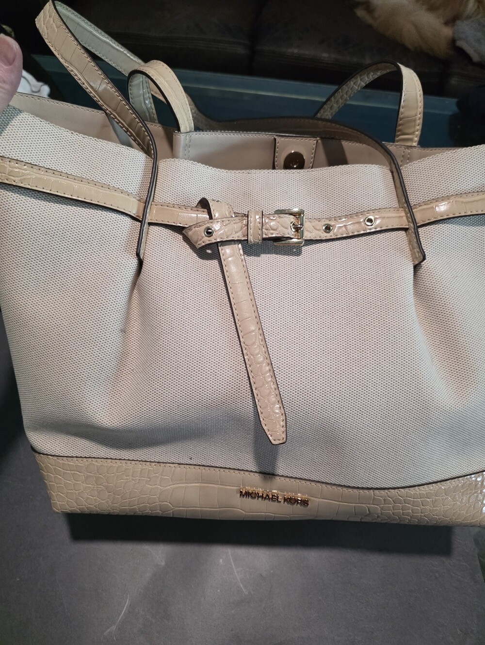 New Michael Kors Cream Canvas Tote with Croc-Embossed Trim